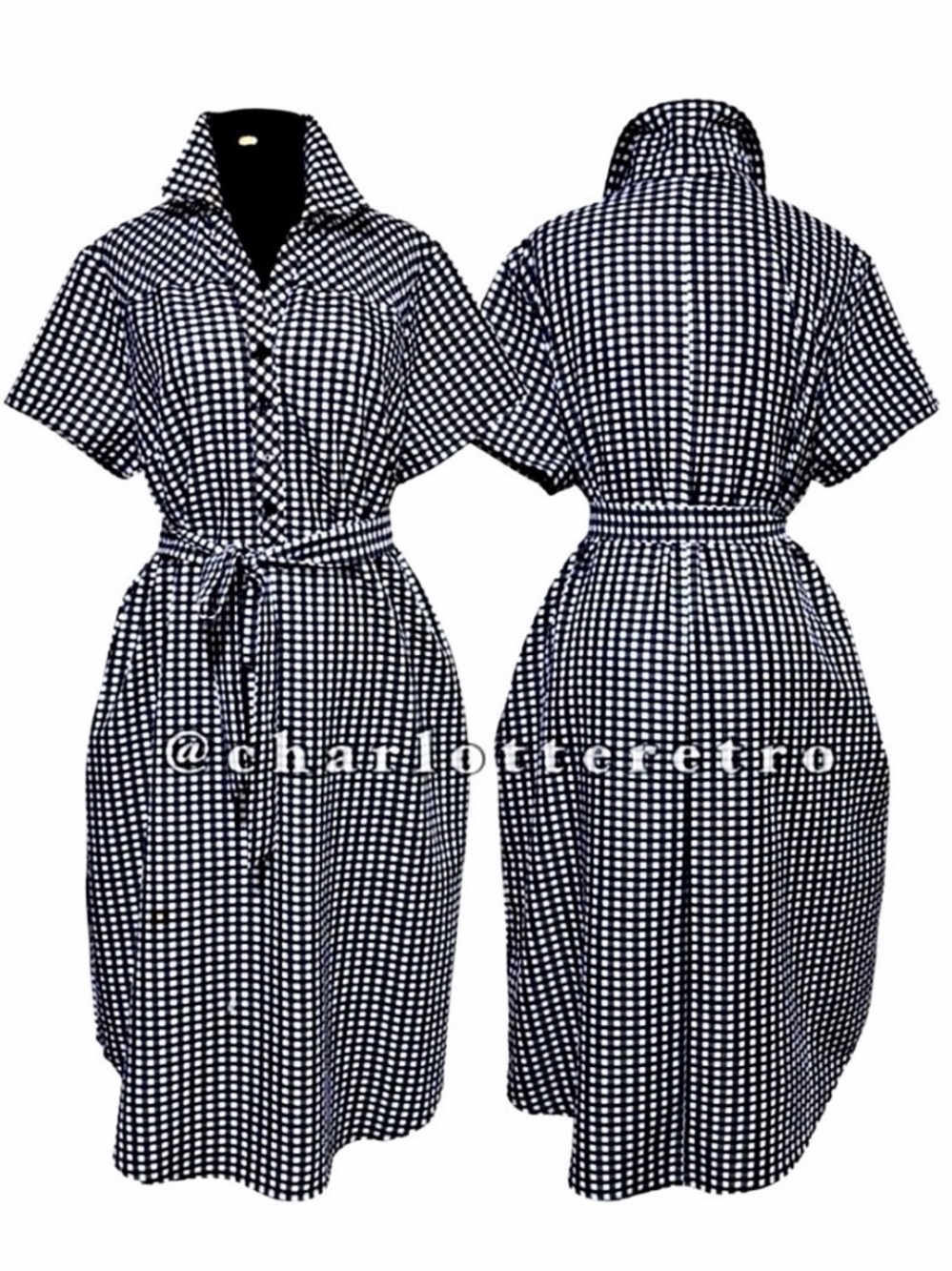 vtg Blair • Black & White Check Plaid Midi Dress w Pockets